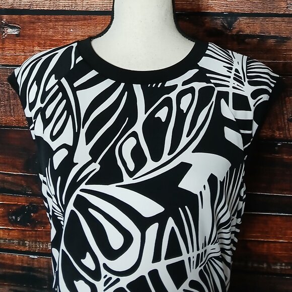Cache Dress Size 8 White Black Leaf Sheath Cap Sleeve Lined Stretch Made In USA - Picture 3 of 8
